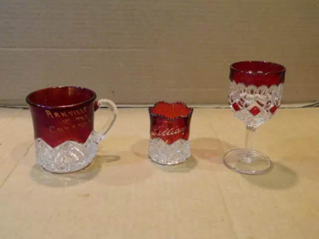 3 Ruby Flash Glass Items Bud Vase, Mug & Wine Glass 2 Fair Souvenirs  Antiques