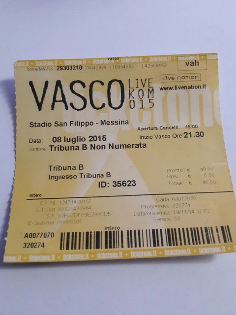 Biglietto Del Concerto Di Vasco Rossi Kom-015 08 Luglio 2015 Messina Biglietto Del Concerto Di Vasco Rossi Kom-015 08 Luglio 2015 Messina
