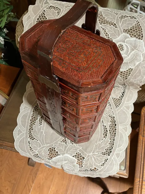Antique Asian Wedding Basket 5 Tier Wicker  Chinese Keepsake Box