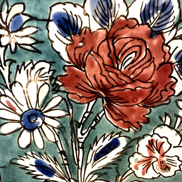 Antique Majolica Tin Glazed Pottery Tile Floral Terra Cotta Polychrome 7.5 x 7.5