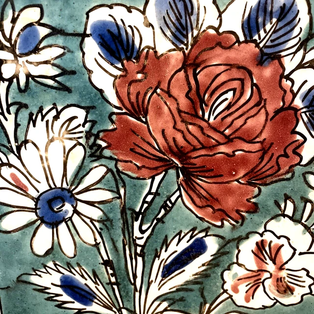 Antique Majolica Tin Glazed Pottery Tile Floral Terra Cotta Polychrome 7.5 x 7.5