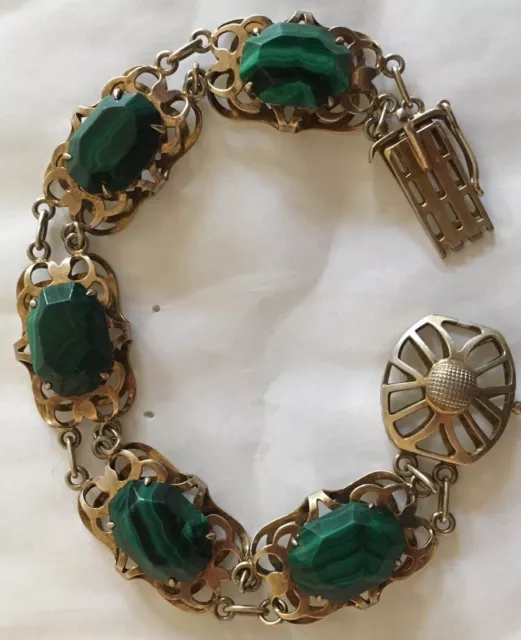 Antique Silver Malachite Gold Gilt Bracelet