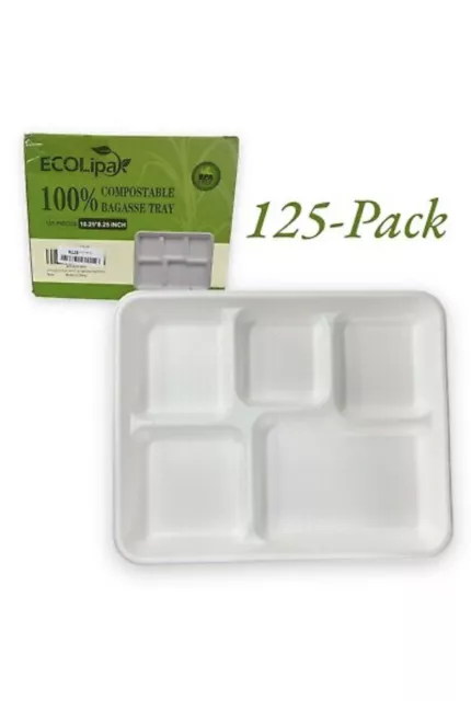 4 Compartment Meal Trays - 125 pcs - Disposable 100% Compostable trays Ecolipa