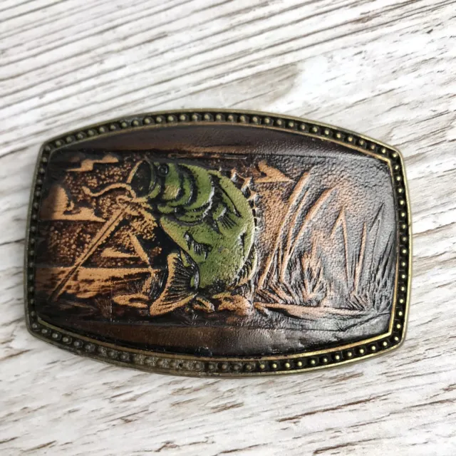 Brass Belt Buckle by Alumaline USA 4108, Brown Leather Hooked Fish Fishing