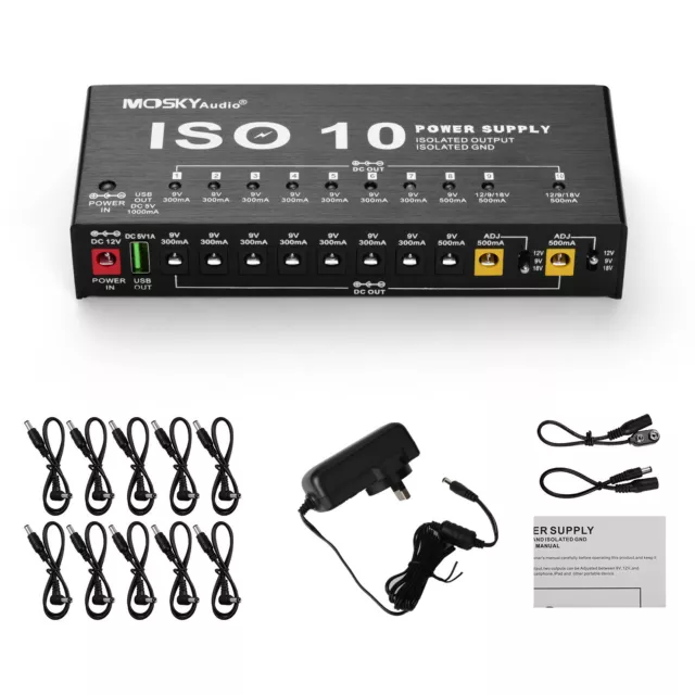 Mosky ISO 10 Outputs Guitar Effect Pedal Board Power Supply 9V 12V 18V Cables