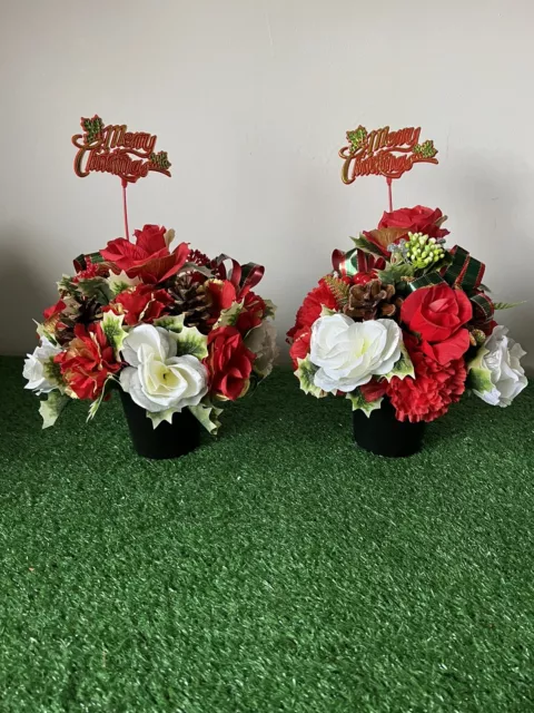 2x Artificial Christmas Head Stone Pots With Flowers And Christmas Stick
