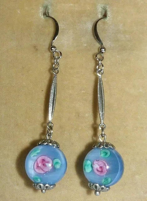 Vintage 1930s Czech blue satin glass flower earrings to match art deco necklaces
