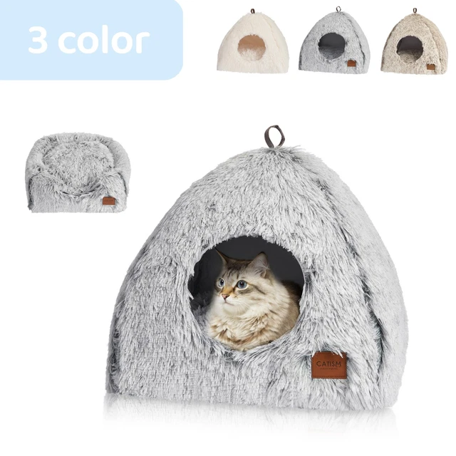CATISM Cat Bed Cave Heated Indoor Fluffy Donut Pet Bed Calming Washable Kitten