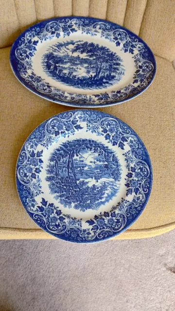 Vintage Ironstone Broadhurst English Scene Blue & White dinner plate & platter