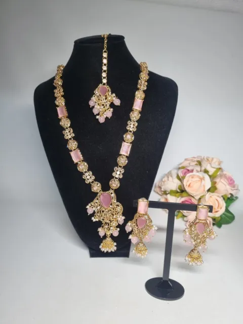 Indian Pakistani 3 piece gold Mala set with Pink stones And Pearl