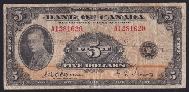 1935 Bank Of Canada $5 Five Dollar English Scarce Signature Osboune-Towers