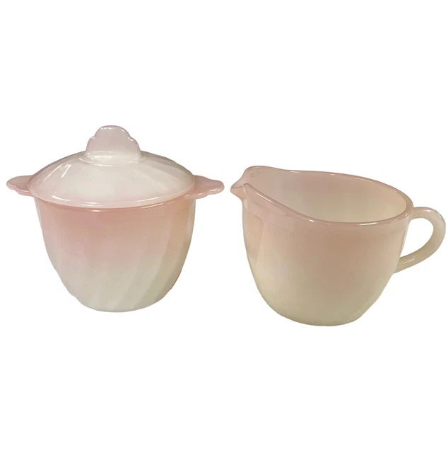 Vintage Fire King Oven Ware Pink Swirl Cream and Sugar Set with Lid MCM