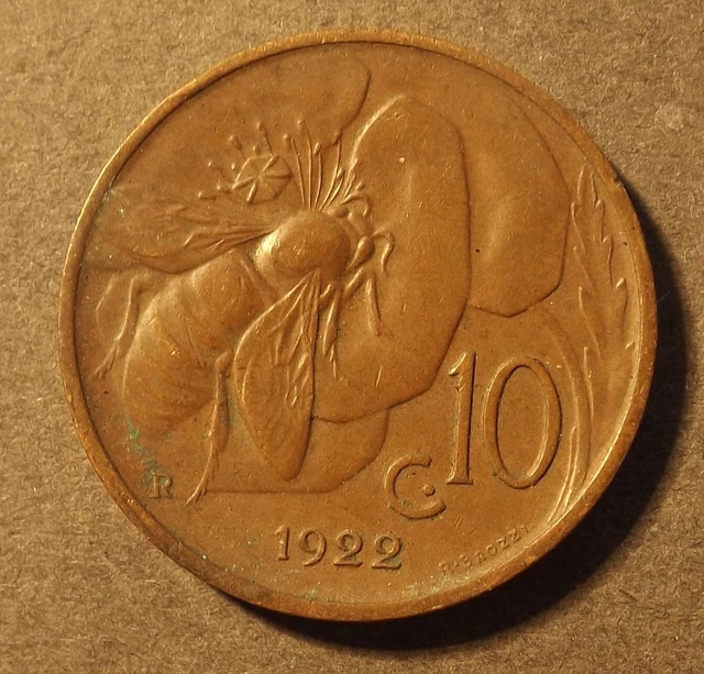 Italy 10 Cent Bronze Coin Dated 1922 Nice Coin But Has Some Greening
