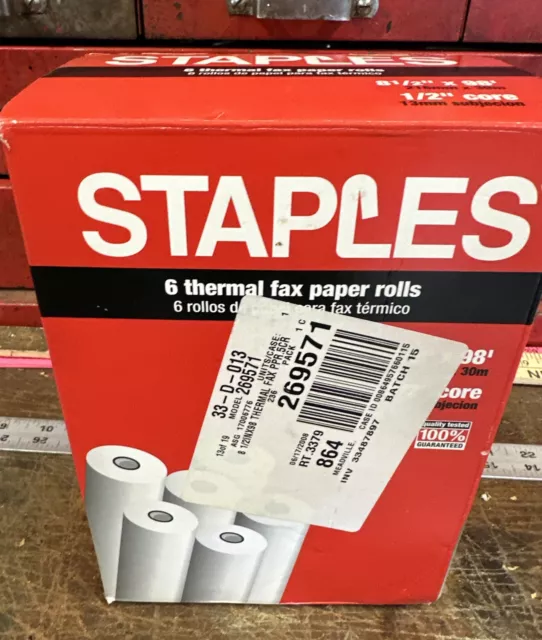 Staples Thermal Fax Paper Rolls 8-1/2" x 98' with a 1/2" Core 5 Rolls-4 Sealed