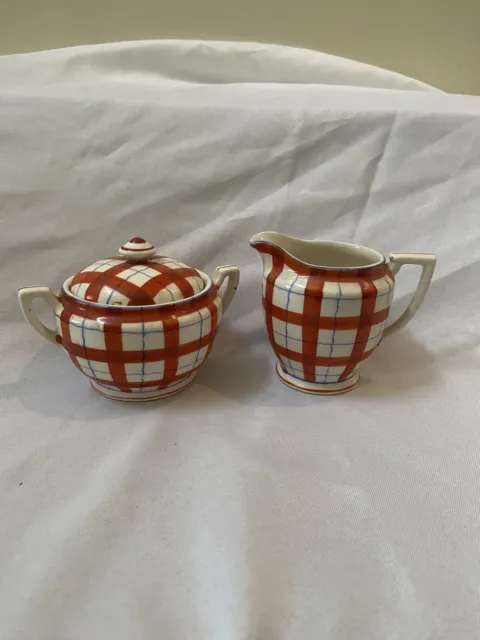 Vintage Kikusui China Plaid Cream And Lidded Sugar Bowl w/ Lid Made in Japan