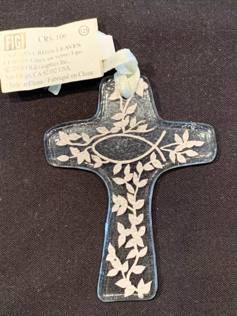 Cross Ornament Glass With Ichthys Fish Symbol Leaves Christian Religious New