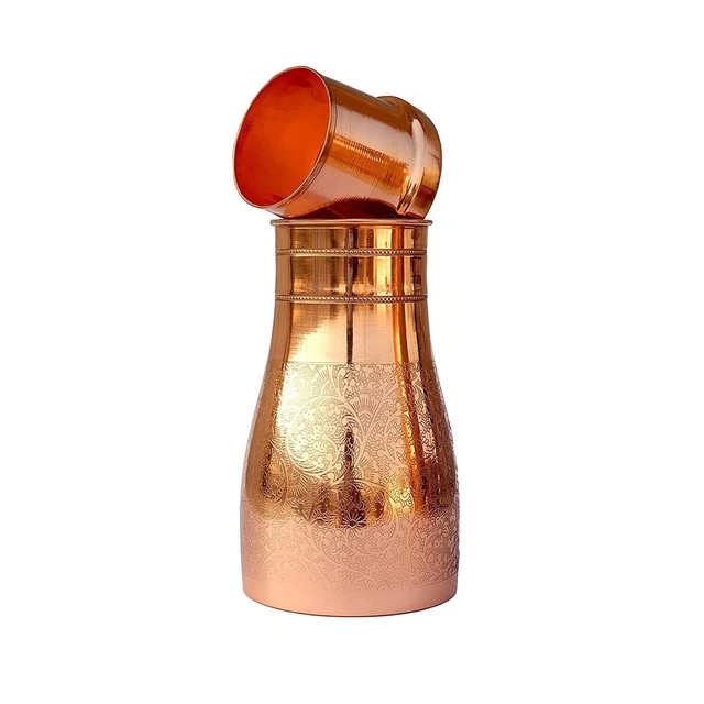 Carafe de chevet de travail en relief avec bouteille d'eau en cuivre pur à...