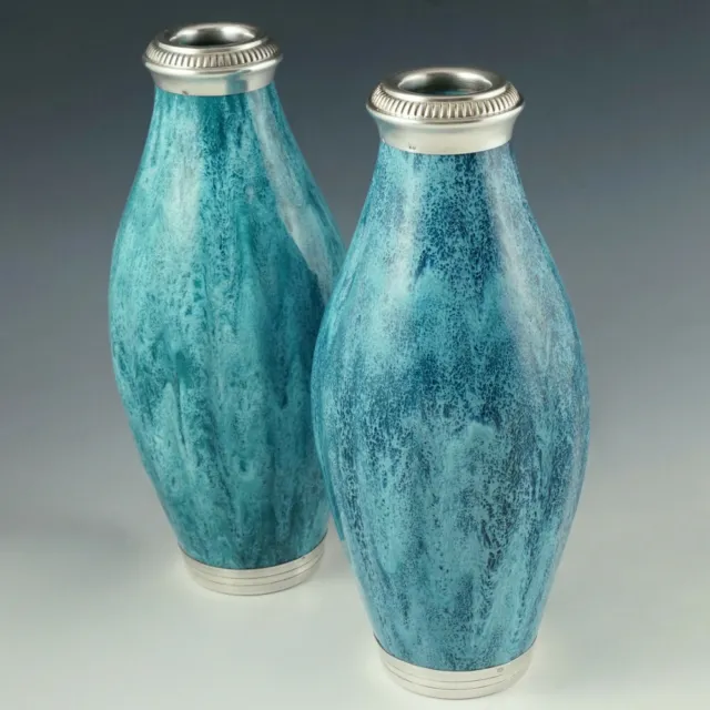 Antique French Sterling Silver Ceramic PAIR Vases Teal Blue