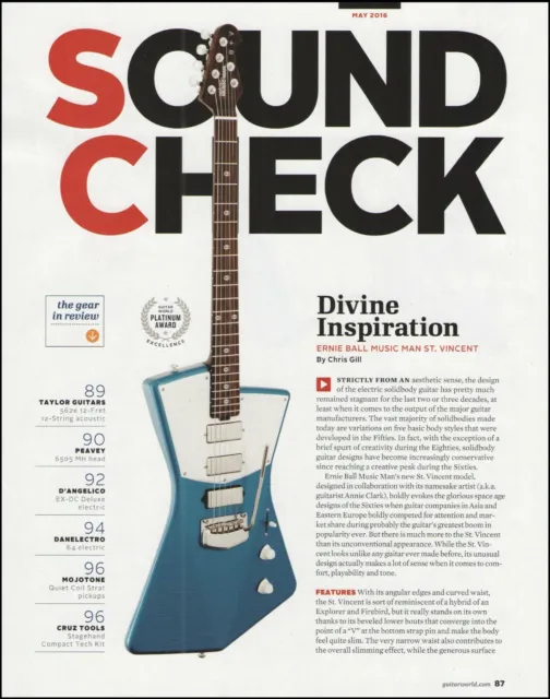 Ernie Ball Music Man St. Vincent blue model guitar review 2-page article