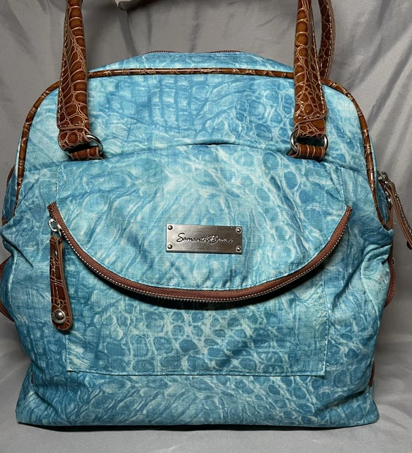 Samantha Brown Croc Embossed Accents Tote Travel Bag Purse Carry On Teal/Brown