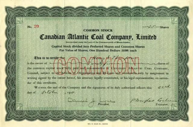 Canadian Atlantic Coal Co., Limited - Stock Certificate - Foreign Stocks