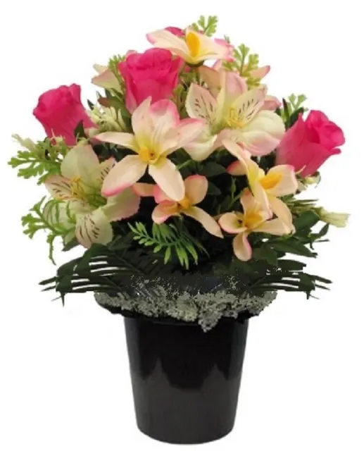 Memorial Grave Crem Pot Artificial Cerise Pink Rosebuds Roses Ivory Orchids 30cm