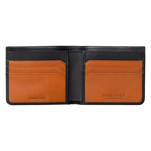 NEW STANLEY TOOLS Black & Tan Leather BiFold Wallet With Metal