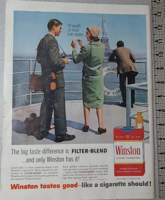 1960 Winston Vintage Print Ad Filter Cigarettes Tourist Couple Statue of Liberty