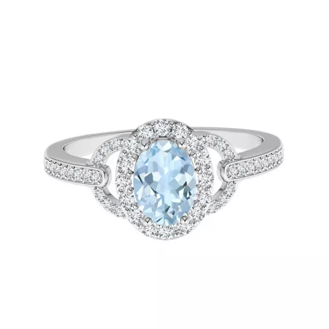VINTAGE STYLE OVAL Blue Aquamarine Gemstone Halo Ring 925 Sterling ...