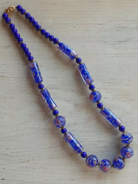 Vintage 1950s VENETIAN MURANO Cobalt BLUE FIORATO Rose GLASS BEAD Necklace 20"