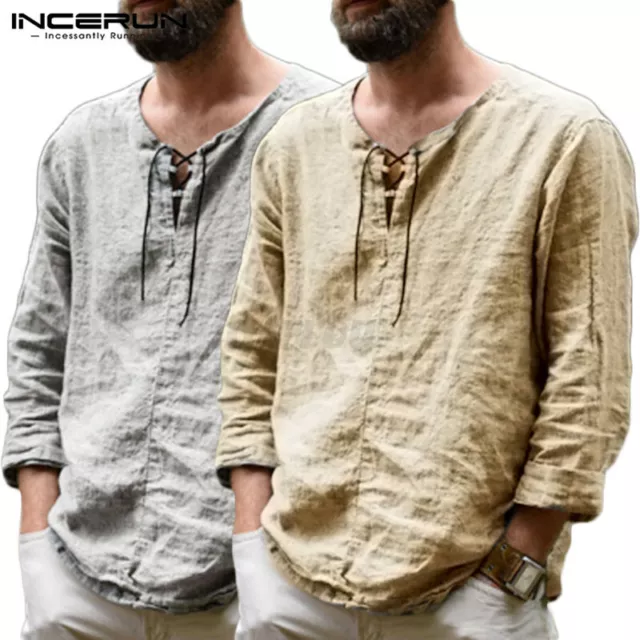 Men's Cotton Tops Long Sleeve T Shirt Loose Hippie V-Neck Party Shirts Blouses