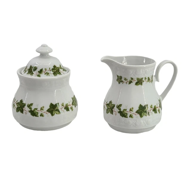 Vintage Bavaria Winterling Roslau White with Green Leaf Creamer Sugar Set