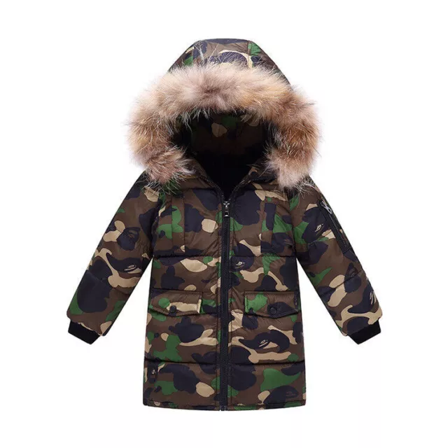Boys Girls Kids Camouflage Down Cotton Padded Long Parka Jacket Fur Hooded Coat