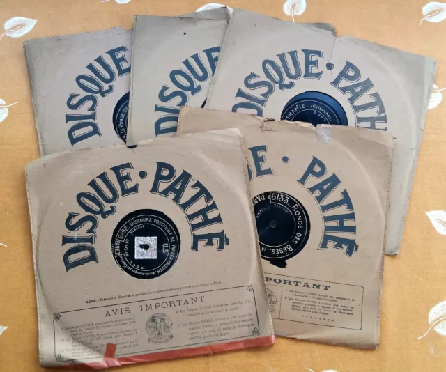 Lot de 5 disques Pathé saphir 90 / 100 tours diamètre 29 cm. Charlus, Dranem...