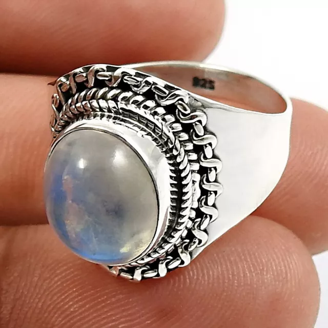 Statement Ethnic Ring Size 8.5 925 Silver Natural Rainbow Moonstone M1