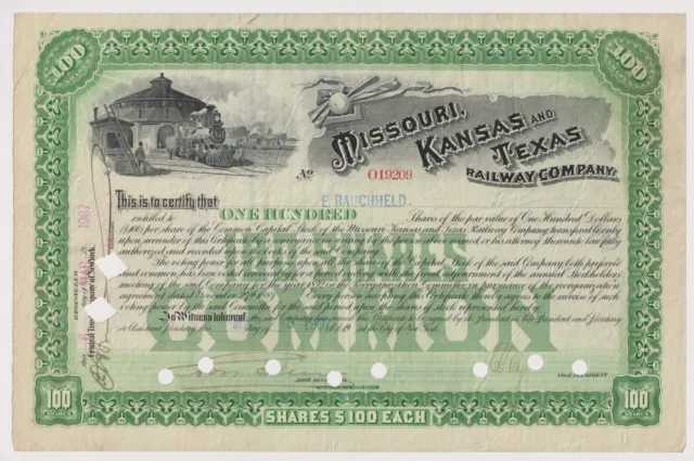 Missouri Kansas & Texas Railway Company Stock Certificate Roundhouse U.P Green