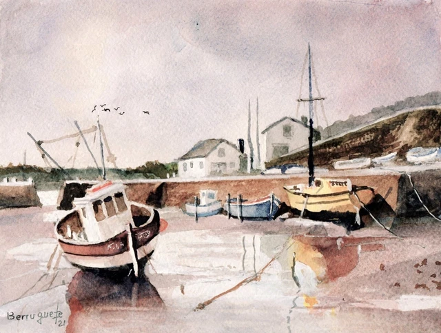 ACUARELA ORIGINAL DE BERRUGUETE, PUERTOS PESQUEROS DEL NORTE 1 Watercolour OFERT