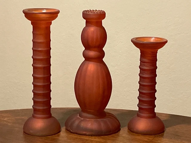 VTG Spain Blown Glass Candlestick Holders set (3) Applied Cold Citrine Painted