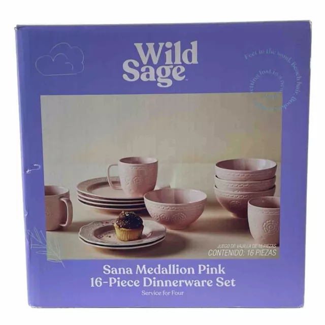 Pink 16 Piece Dinnerware Dining Set for 4 Wild Sage Sana Medallion New in Box