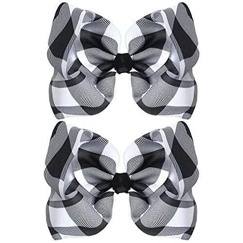 2 Pieces Christmas 6.3 inch Large Bows with Alligator Clips Black White Plaid