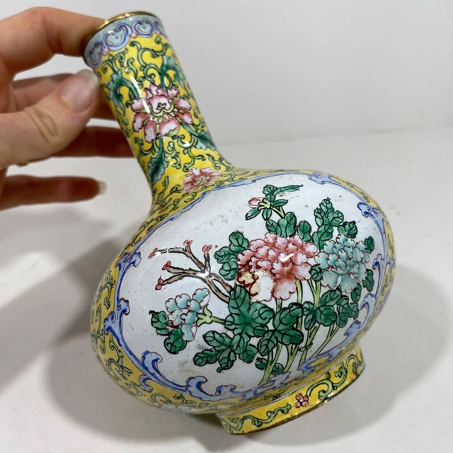 Chinese Enamel On Brass Hand Painted Bottle Vase