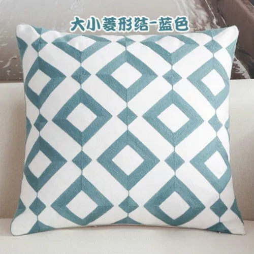 Home Decor Emborider Cushion Cover Blue Geometric Canvas Cotton Pillows 45*45cm 3