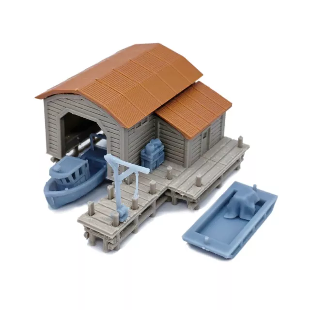 Outland Models Railway Scenery Boat House Set with Boat and Pier 1:220 Z Gauge