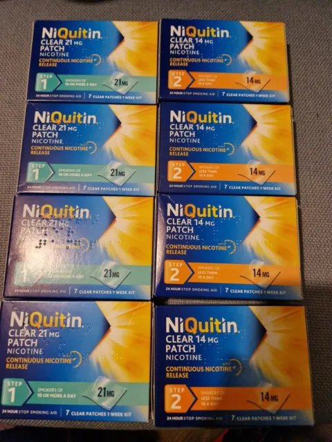 LOTE DE 8 X NiQuitin Paso 1 y 2 Transparente 21 mg y 14 mg - 8 x 7 = 56 Parches -