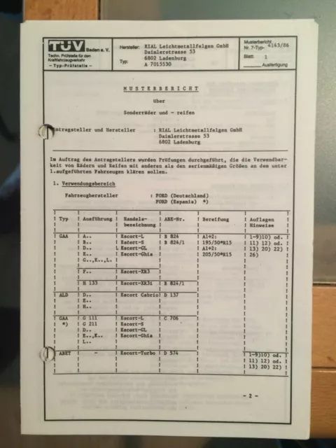 TÜV-Gutachten Ford Escort  III / Cabrio / Escort Turbo  Alurad Rial 7x15  1986