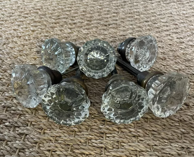 Antique Vintage 12 Point Crystal Glass & Brass Door Knobs - 3.5 Sets - Salvage
