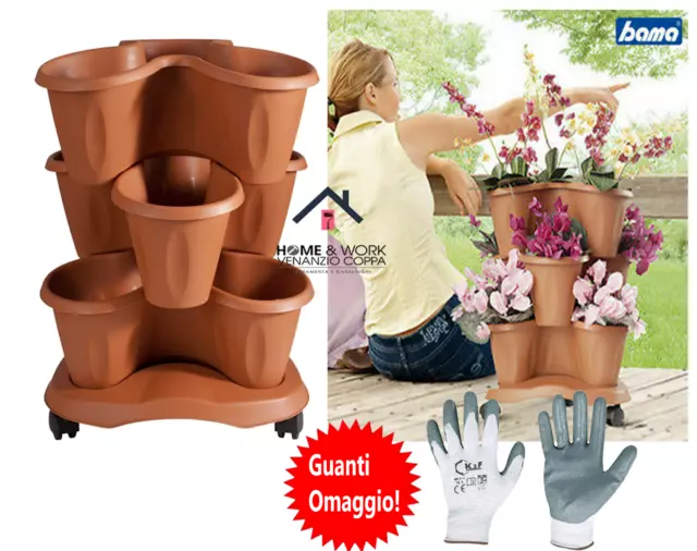 Set 3 Vasi Trifoglio Per Piante 6 Litri Con Sottovaso e Ruote Di Terracotta Bama