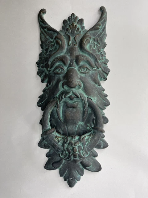 Vintage Verdigris Figural North Wind Gargoyle Viking Warrior Door Knocker