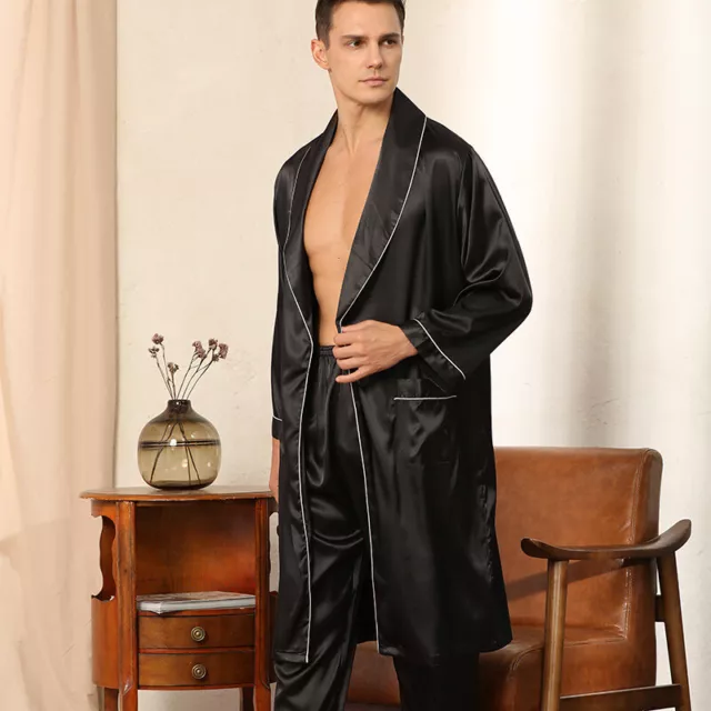 2* Mens Faux Silk Pyjama Set Kimono Satin Loungewear Gown Pants Home Sleepwear