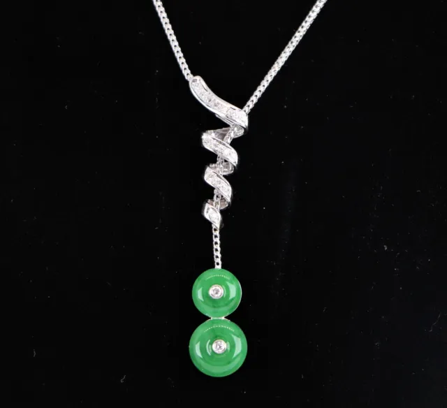 $5,500 18K White Gold Apple Green Natural Jade Drop Diamond Pendant Necklace
